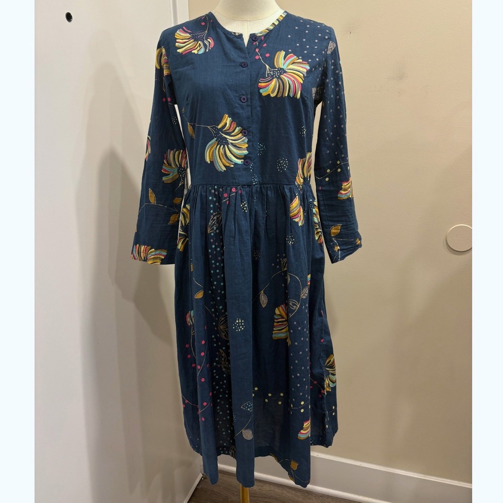 Soler Blue Cotton Floral Midi Shirt Dress Long Sleeve Button Front S/M Cottage